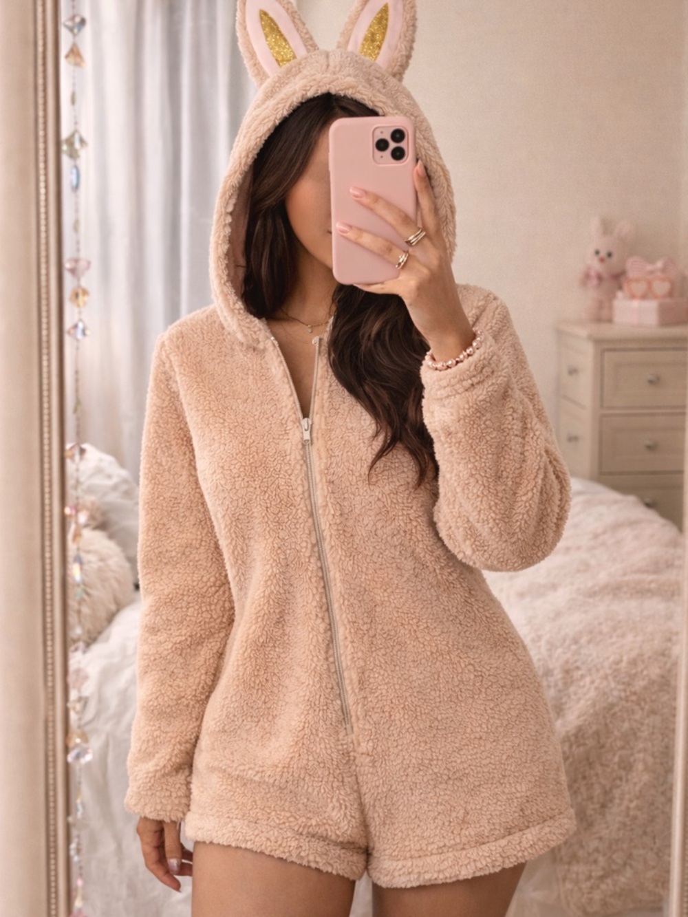 Labubu Bunny Sherpa Romper Beige Hooded Ears Cozy Viral small